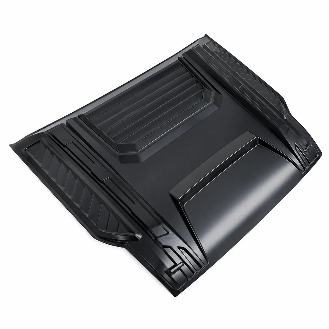 A black molded plastic automotive hood ornament or decorative hood piece, shown from an elevated angle on a plain white background.