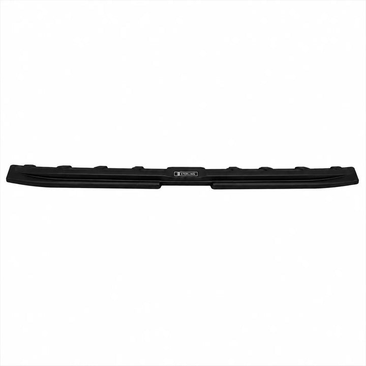A black textured plastic vehicle accessory, rear tailgate spoiler, Sterling Design Badge in the centre of our exclusive design, shown horizontally on a plain white background.