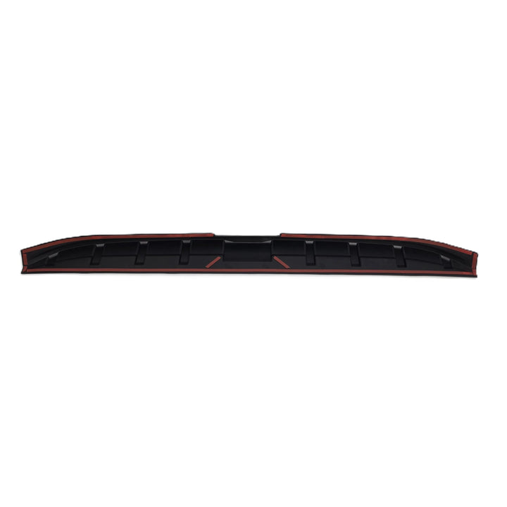 A black textured plastic vehicle accessory, rear tailgate spoiler, Reverse with 3M double sided tape on the reverse. shown horizontally on a plain white background.