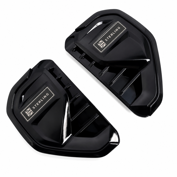 A pair of glossy black Side Vent guards with silver 'STERLING' brand badges, displayed on a clean white background.