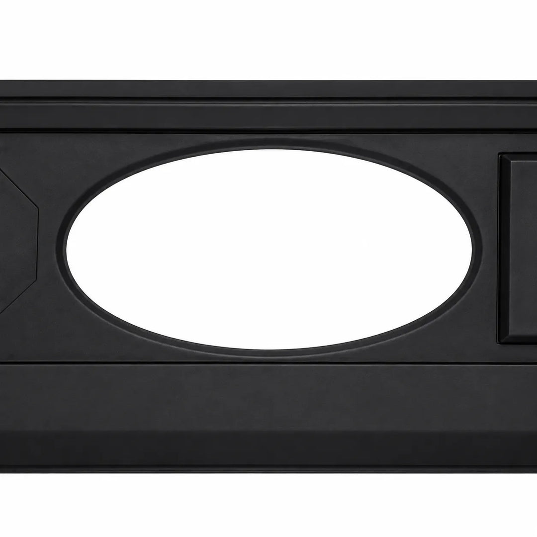 Close-up of a black rectangular product frame with a large oval cutout in the center and a small square detail on the right, shown against a white background.