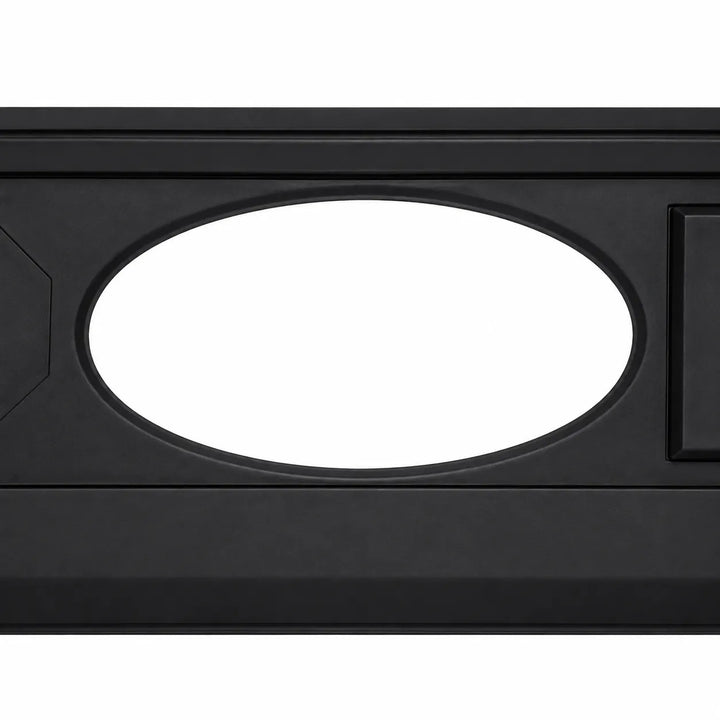Close-up of a black rectangular product frame with a large oval cutout in the center and a small square detail on the right, shown against a white background.