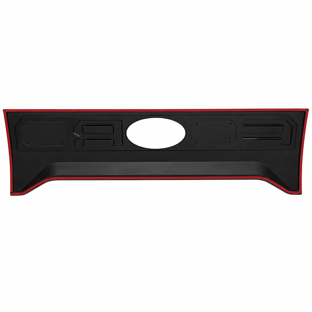 A reverse shot of a black automotive tailgate exterior trim piece with a red 3m tape border, featuring a central oval cutout and molded details, shown against a plain white background.
