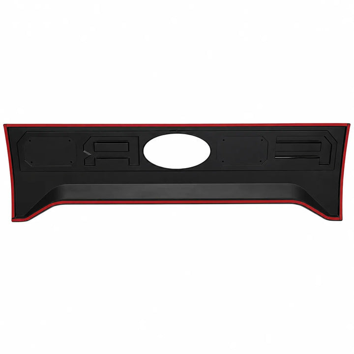 A reverse shot of a black automotive tailgate exterior trim piece with a red 3m tape border, featuring a central oval cutout and molded details, shown against a plain white background.