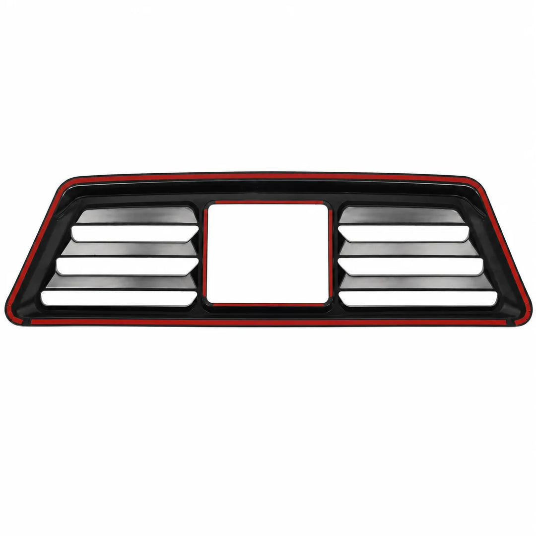 A black plastic automotive grille insert with horizontal slats and a central square opening, outlined with a red accent border, shown on a plain white background.