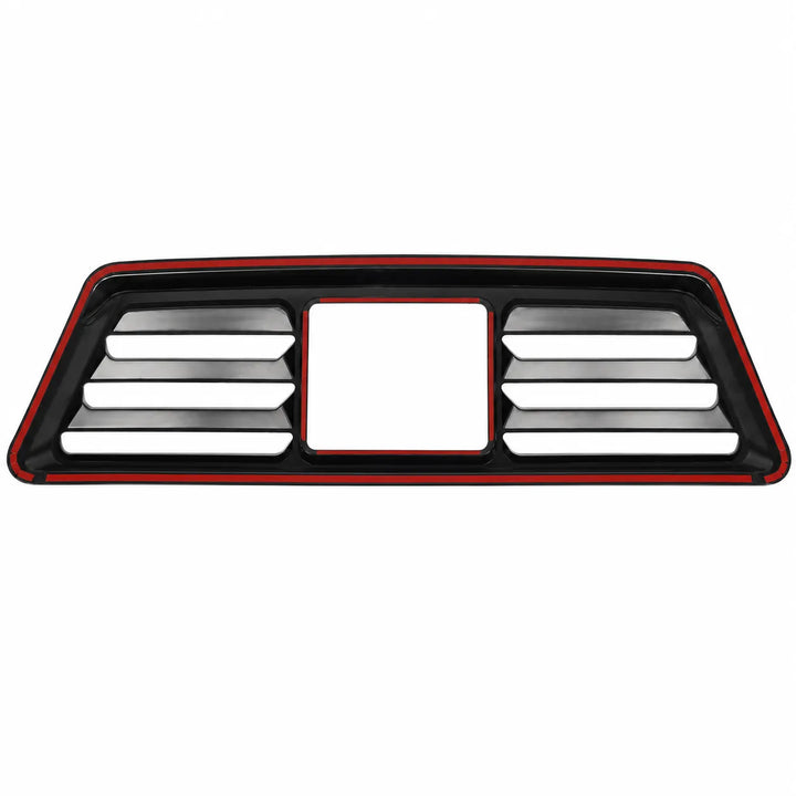 A black plastic automotive grille insert with horizontal slats and a central square opening, outlined with a red accent border, shown on a plain white background.