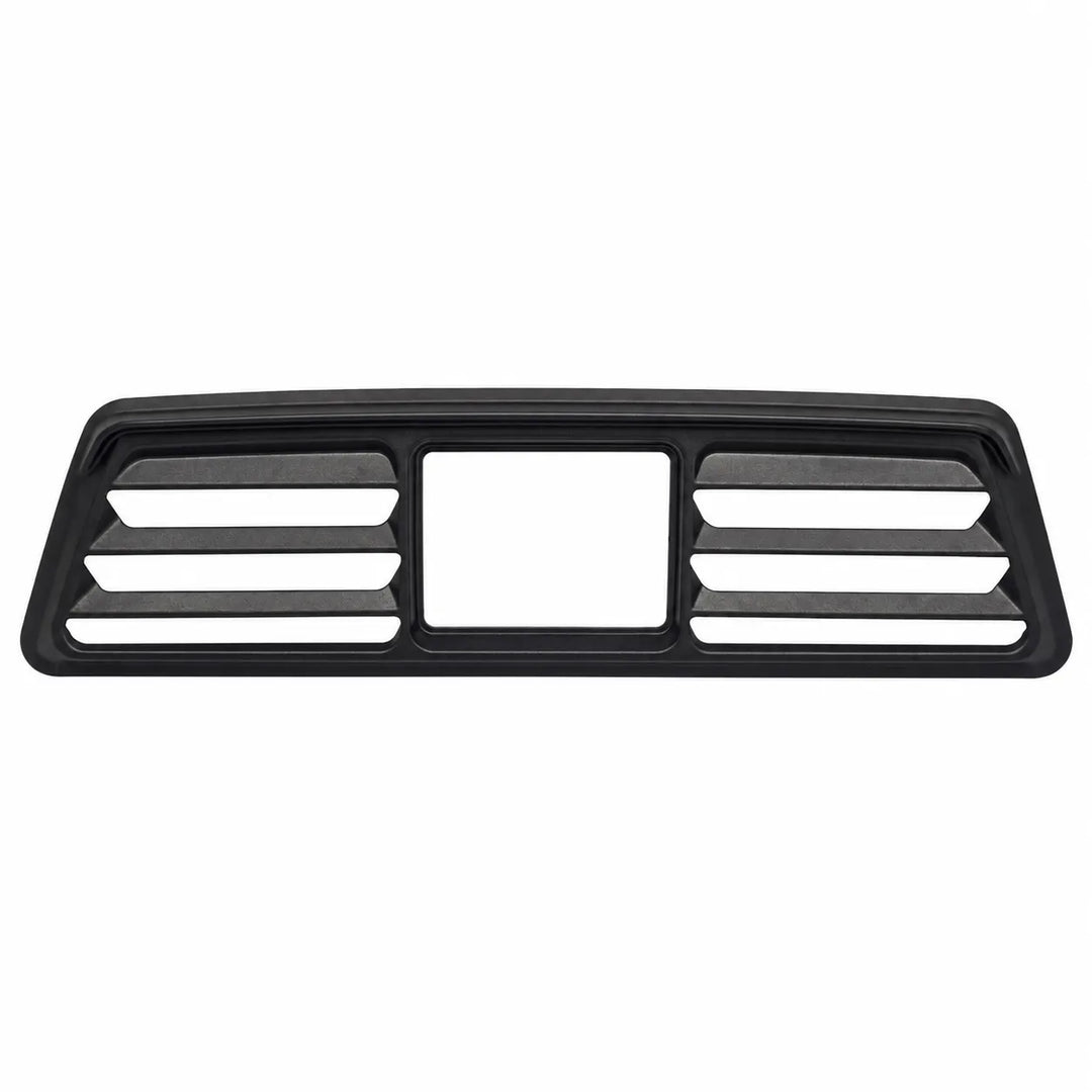 A black plastic vehicle grille insert with horizontal slats and a central square opening, shown against a plain white background.