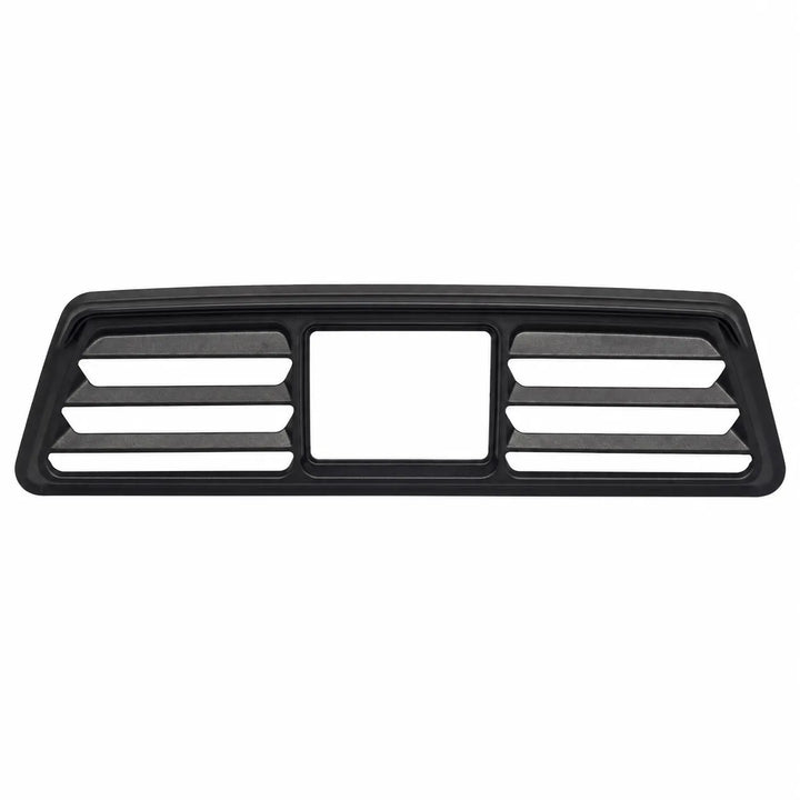A black plastic vehicle grille insert with horizontal slats and a central square opening, shown against a plain white background.