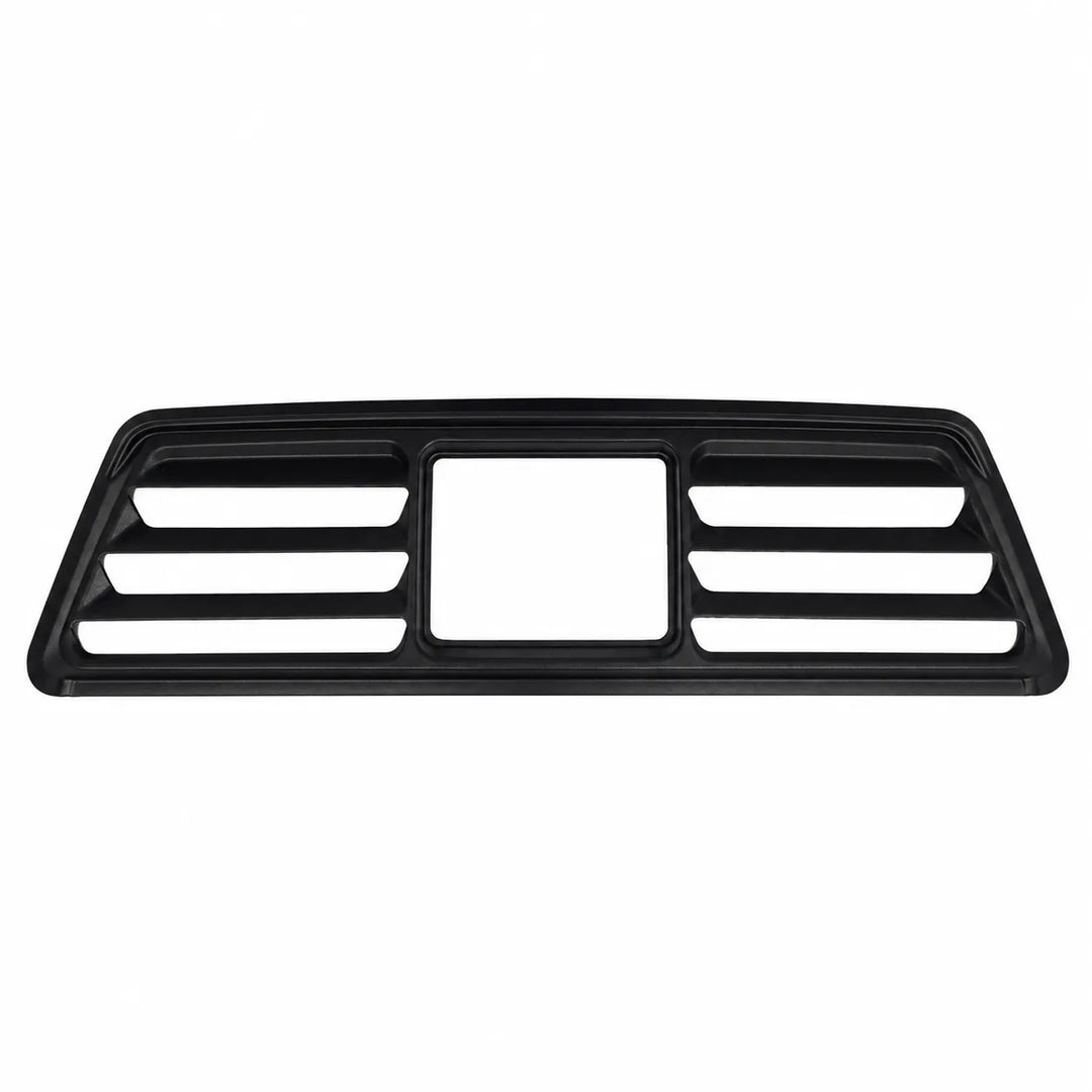 A black plastic vehicle grille insert with a central square opening and four horizontal slots on each side, shown against a plain white background.