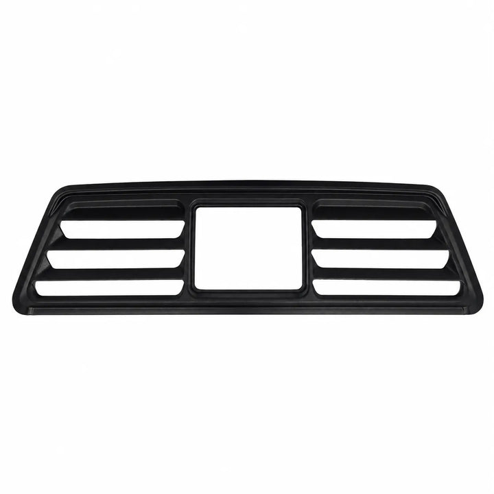 A black plastic vehicle grille insert with a central square opening and four horizontal slots on each side, shown against a plain white background.