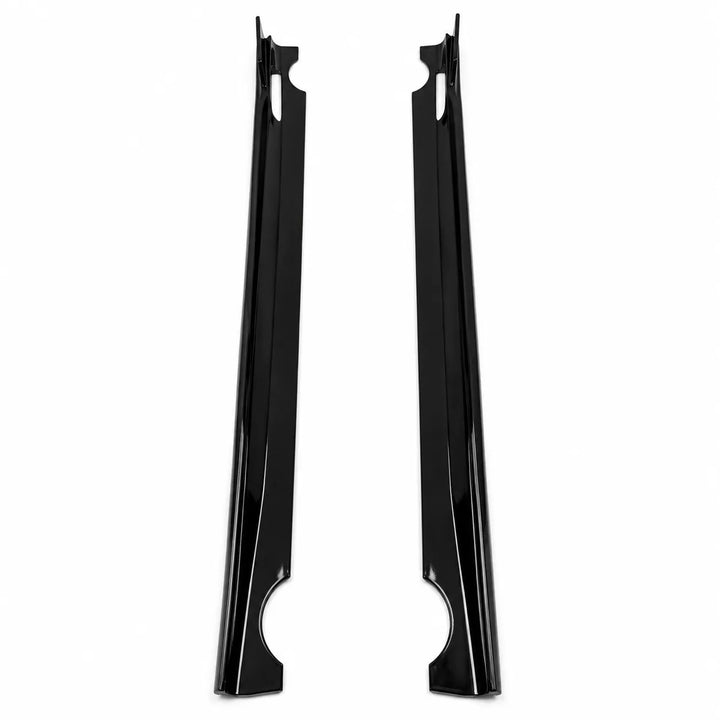 A pair of glossy black automotive trim pieces, Black door sill trims or body moulding, shown vertically against a plain white background.