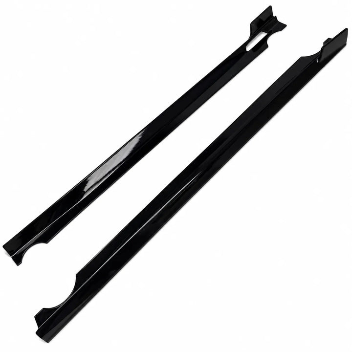 A pair of glossy black automotive trim pieces, Black door sill trims or body moulding, shown diagonally against a plain white background.