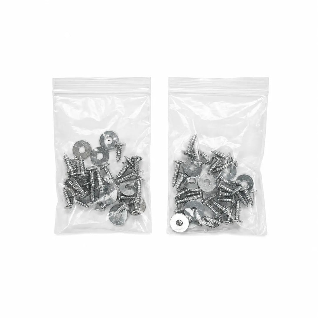 Two small clear plastic zip bags containing silver metal screws and round metal washers, shown on a plain white background.