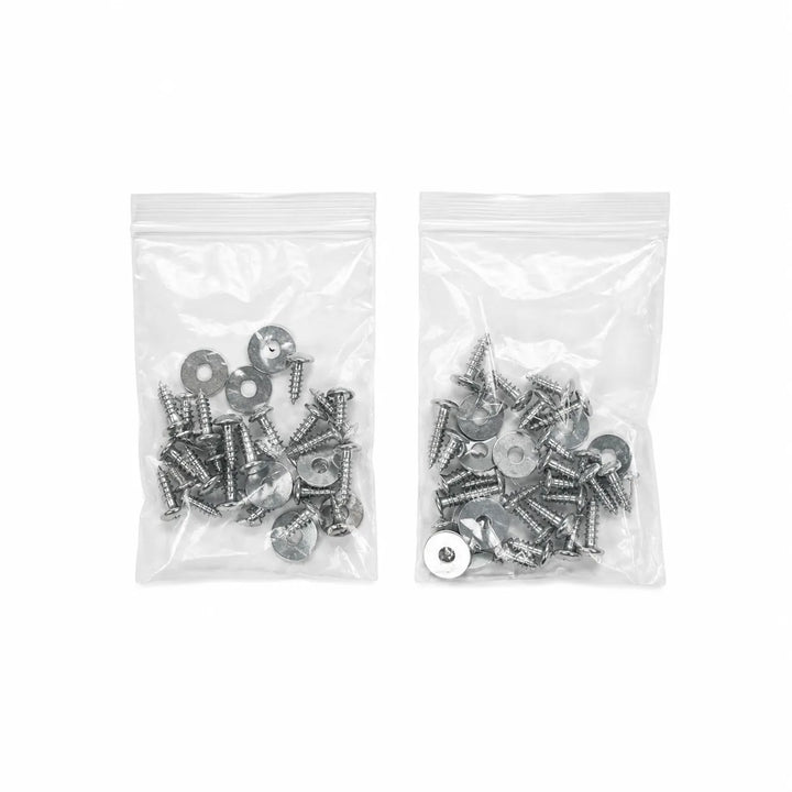 Two small clear plastic zip bags containing silver metal screws and round metal washers, shown on a plain white background.