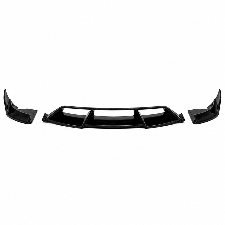 A black glossy automotive front bumper lip spoiler splitter, shown in three pieces against a solid white background.