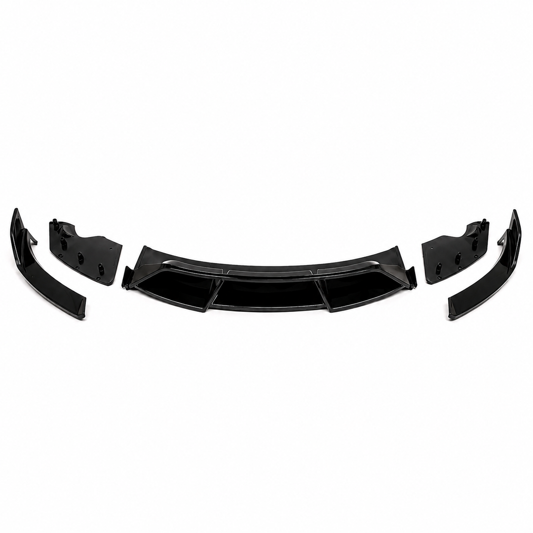 A high-up image of a glossy black plastic splitter, 3 piece exploded shot of a Front Lower Splitter bumper extension lip shown against a plain white background, for a tesla model 3 facelift