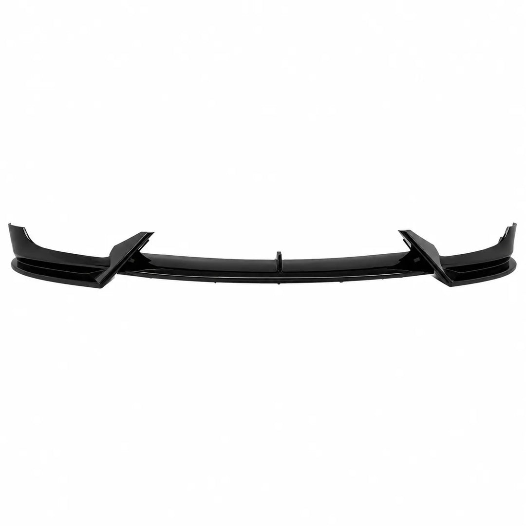 A black plastic automotive front bumper lip spoiler, shown horizontally fit for tesla model 3 against a plain white background.