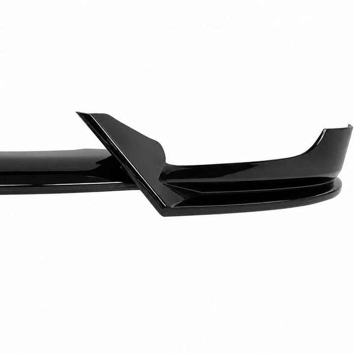 A glossy black automotive front spoiler wing component shown from a side profile view against a solid white background.