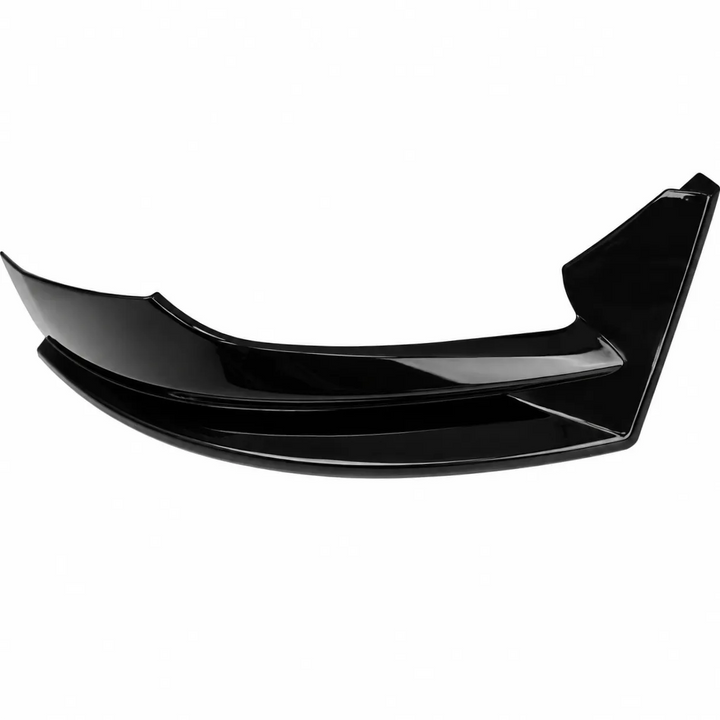 A glossy black plastic automotive body part, likely a front splitter or lip spoiler, shown against a plain white background.