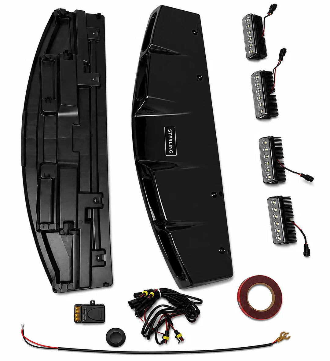 A black LED light kit for boats or watercraft, including two main light housings, four individual LED light modules with wiring, a control module, a black tape roll, and a sensor, all laid out on a white background.