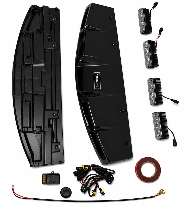 A black LED light kit for boats or watercraft, including two main light housings, four individual LED light modules with wiring, a control module, a black tape roll, and a sensor, all laid out on a white background.