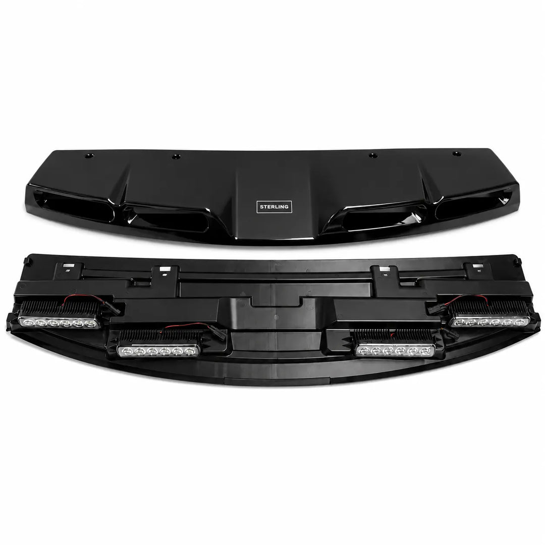 Black glossy vehicle front roof light assembly shown from both front and back views on a white background, featuring integrated LED light bars and a small central badge reading 'STERLING'.