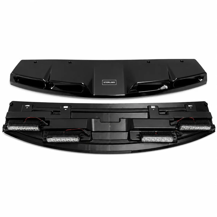 Black glossy vehicle front roof light assembly shown from both front and back views on a white background, featuring integrated LED light bars and a small central badge reading 'STERLING'.