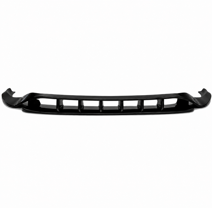 A black plastic car front splitter bumper lip trim piece, shown horizontally full built up kit against a plain white background.