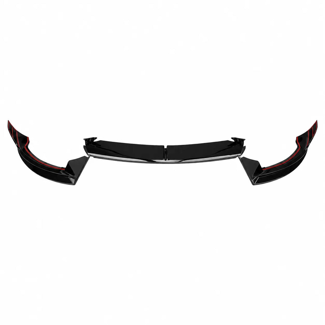 A full splitter kit, 3 part pack shot, black automotive front lip valance spoiler accessory with 3m tape double sided tape displayed below on a white background.