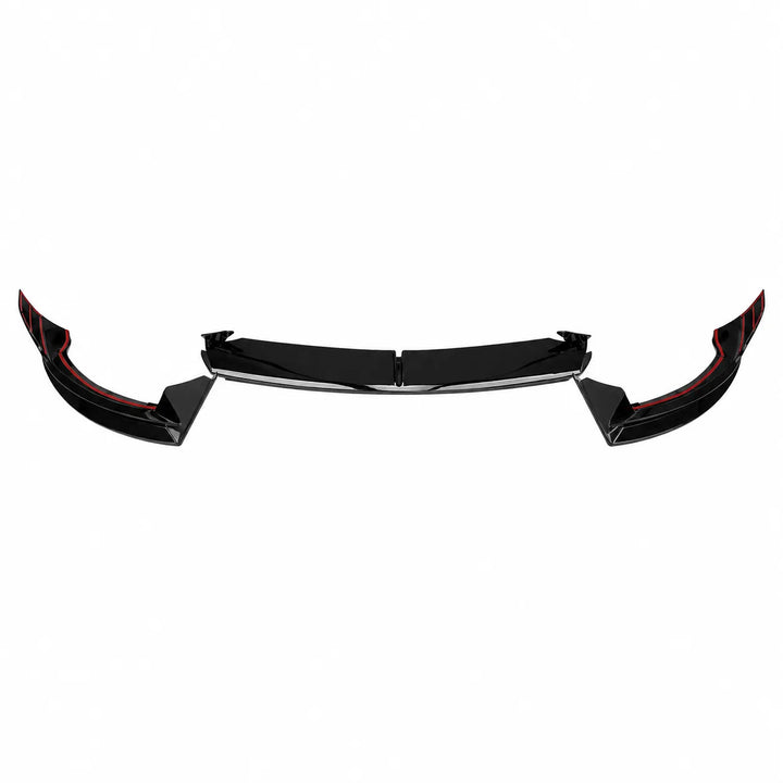 A full splitter kit, 3 part pack shot, black automotive front lip valance spoiler accessory with 3m tape double sided tape displayed below on a white background.